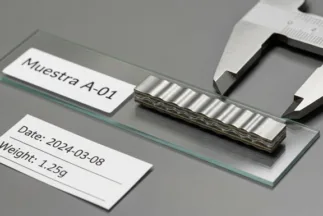 macro del laminado metálico etiquetado como metamaterial ovni sobre porta muestras de laboratorio