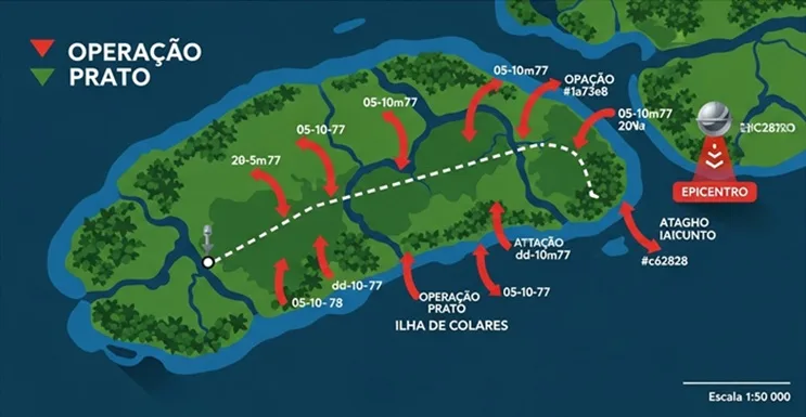 mapa de la isla de Colares con rutas de los ataques chupa chupa y posiciones del ovni colares 1977