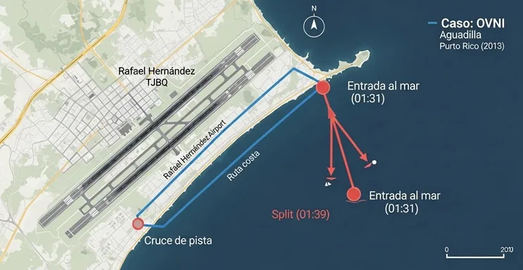 mapa de la trayectoria del ovni aguadilla puerto rico 2013 con cruce de pista, entrada al mar y split