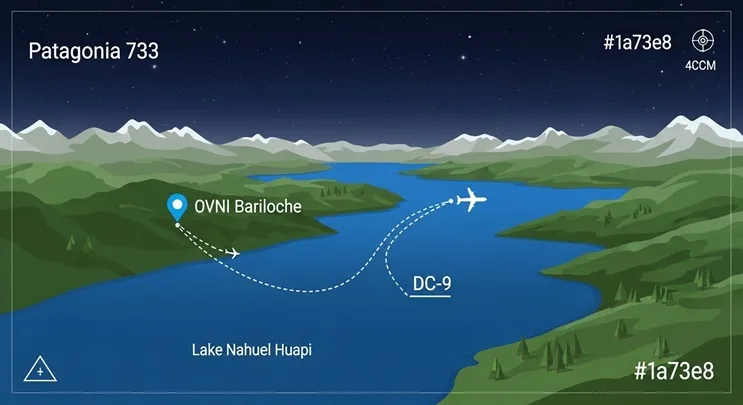 mapa infográfico horizontal con trayectoria del vuelo 733 y viraje evasivo ante el ovni bariloche