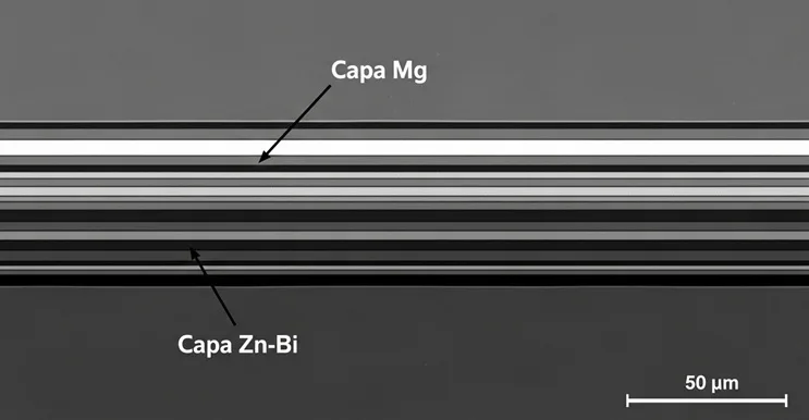 micrografía tipo sem de sección transversal mostrando capas mg y zn-bi en supuesto metamaterial ovni