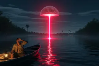 fotografía realista del ovni colares 1977: esfera metálica suspendida y rayo rojo impactando a un pescador en su bote nocturno