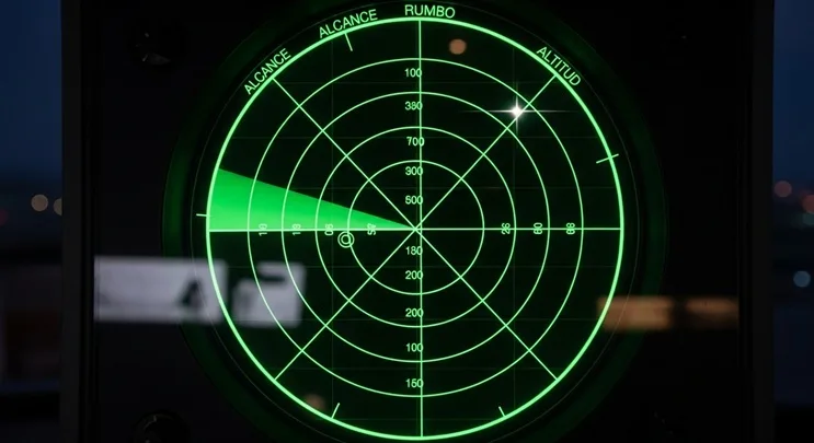 pantalla radar verde mostrando eco intermitente del ovni bariloche frente al vuelo 733