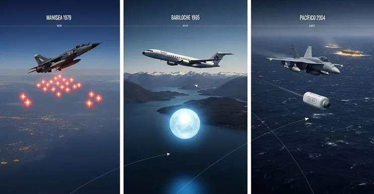 triplico nocturno comparativo: esfera azul del ovni bariloche sobre el DC-9, luces rojas del caso Manises con Mirage F-1 y Tic-Tac Nimitz ante un F/A-18