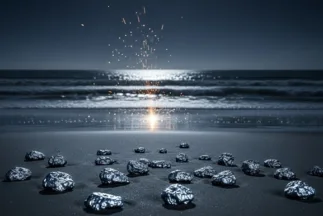 Portada documental de Ubatuba 1957 con fragmentos metálicos en una playa nocturna.