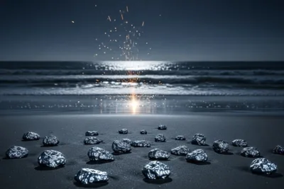 Portada documental de Ubatuba 1957 con fragmentos metálicos en una playa nocturna.